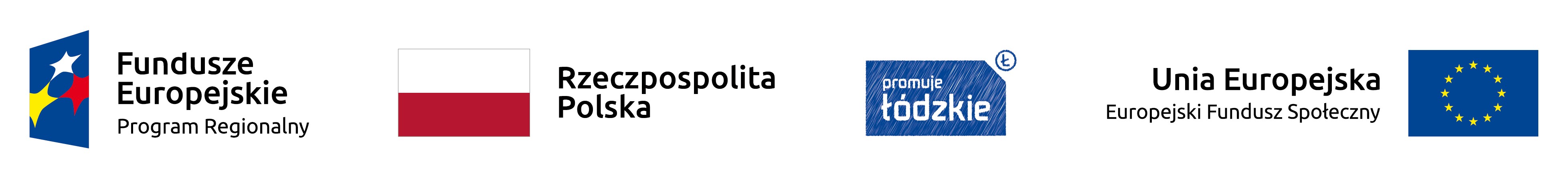 Znak Unii Europejskiej, znak Funduszy Europejskich, logo promocyjne województwa łódzkiego, barwy Rzeczypospolitej Polskiej